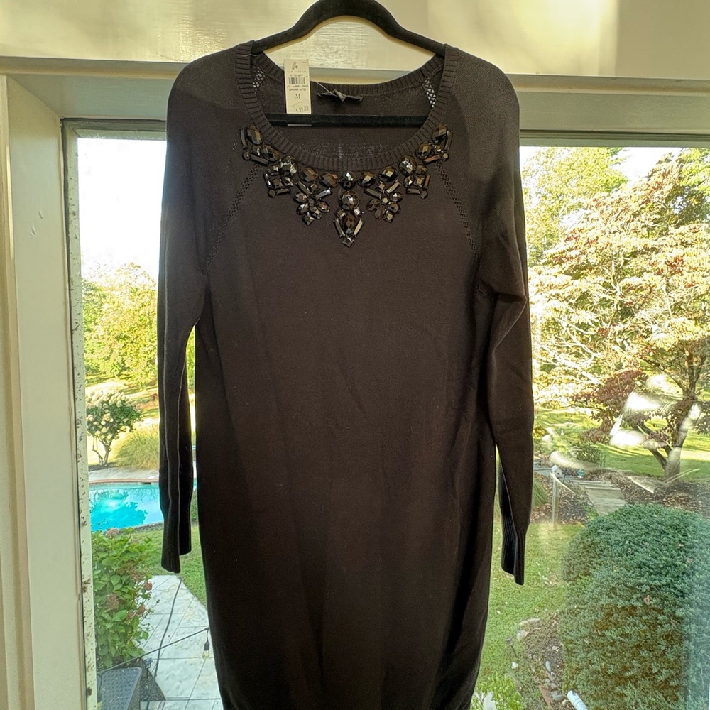 Ann Taylor Black Long Sleeve Dress with Embellished Neckline